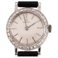 Omega 18k White Gold Women's Manual Wind Watch with Diamond Bezel #484