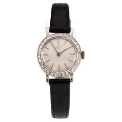 Omega 18k White Gold Women's Manual Wind Watch with Diamond Bezel #484