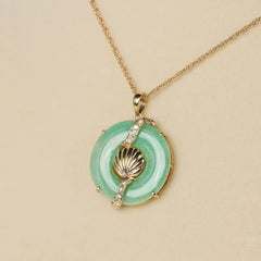Jade Pendant Necklace Donut Shaped 14K Yellow Gold 8.24G ~ .15CTW Diamonds