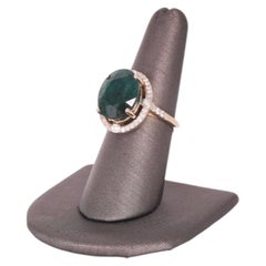 14K Yellow Gold Oval Natural Green Emerald With Diamonds Cocktail Ring Size 7.5