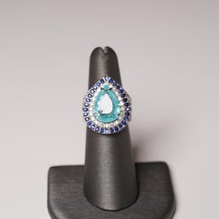 18K White Gold Pear Paraiba Tourmaline Sapphire Diamond Halo Ring 7.44CTW Size 6