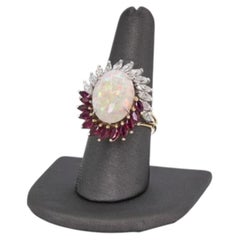 18K Yellow Gold Opal With Diamonds & Ruby Multi-Gemstone Cocktail Ring Size 8.5