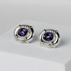 David Yurman Oval Albion Amethyst Earrings 14K Yellow Gold & 925 Sterling Silver