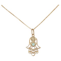 14K Yellow Gold Hamsa Hand Jade Pendant Necklace With 18" Cable Chain