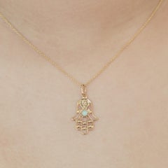 14K Yellow Gold Hamsa Hand Jade Pendant Necklace With 18" Cable Chain