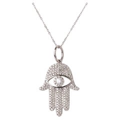 14K White Gold Diamond Hamsa Evil Eye Necklace 0.18CTW With 16-18" Chain
