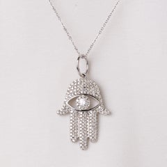 14K White Gold Diamond Hamsa Evil Eye Necklace 0.18CTW With 16-18" Chain