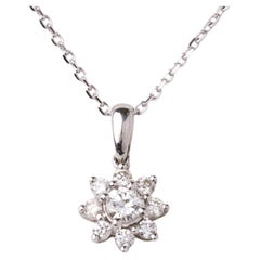 14K White Gold Diamond Sun Halo Flower Pendant 0.33CTW Round Cluster 18" Chain