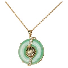 Jade Pendant Necklace Donut Shaped 14K Yellow Gold 8.24G ~ .15CTW Diamonds