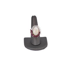 18K Yellow Gold Opal With Diamonds & Ruby Multi-Gemstone Cocktail Ring Size 8.5