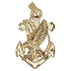14K Yellow Gold Eagle Anchor Cross Pendant Military Nautical Estate 7.0G