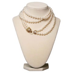 14K Yellow Gold Akoya Pearl Necklace Diamond Ruby Sapphire Lion Clasp 28-Inch