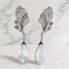 12.00 Ct Moonstone Cabochon Floreal Earrings 18K White Gold