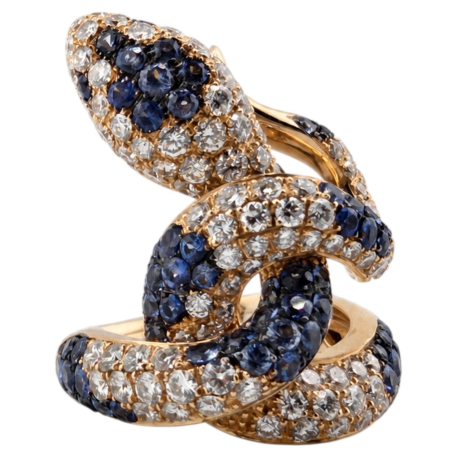 2.48 Ct Blue Sapphire And 2.76 Ct Diamonds Viper Ring 18K Yellow Gold
