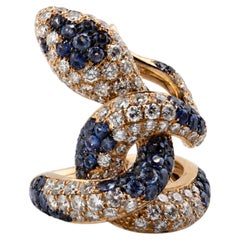 2.48 Ct Blue Sapphire And 2.76 Ct Diamonds Viper Ring 18K Yellow Gold
