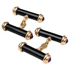 Cufflinks 18K Yellow Gold Black Onyx Double Bar with Cabochon Rubies