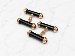 Cufflinks 18K Yellow Gold Black Onyx Double Bar with Cabochon Rubies