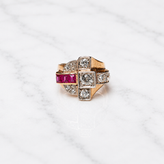 Late Art Deco Ruby And Old European Cut Diamond 18K Gold Ring Circa 1940