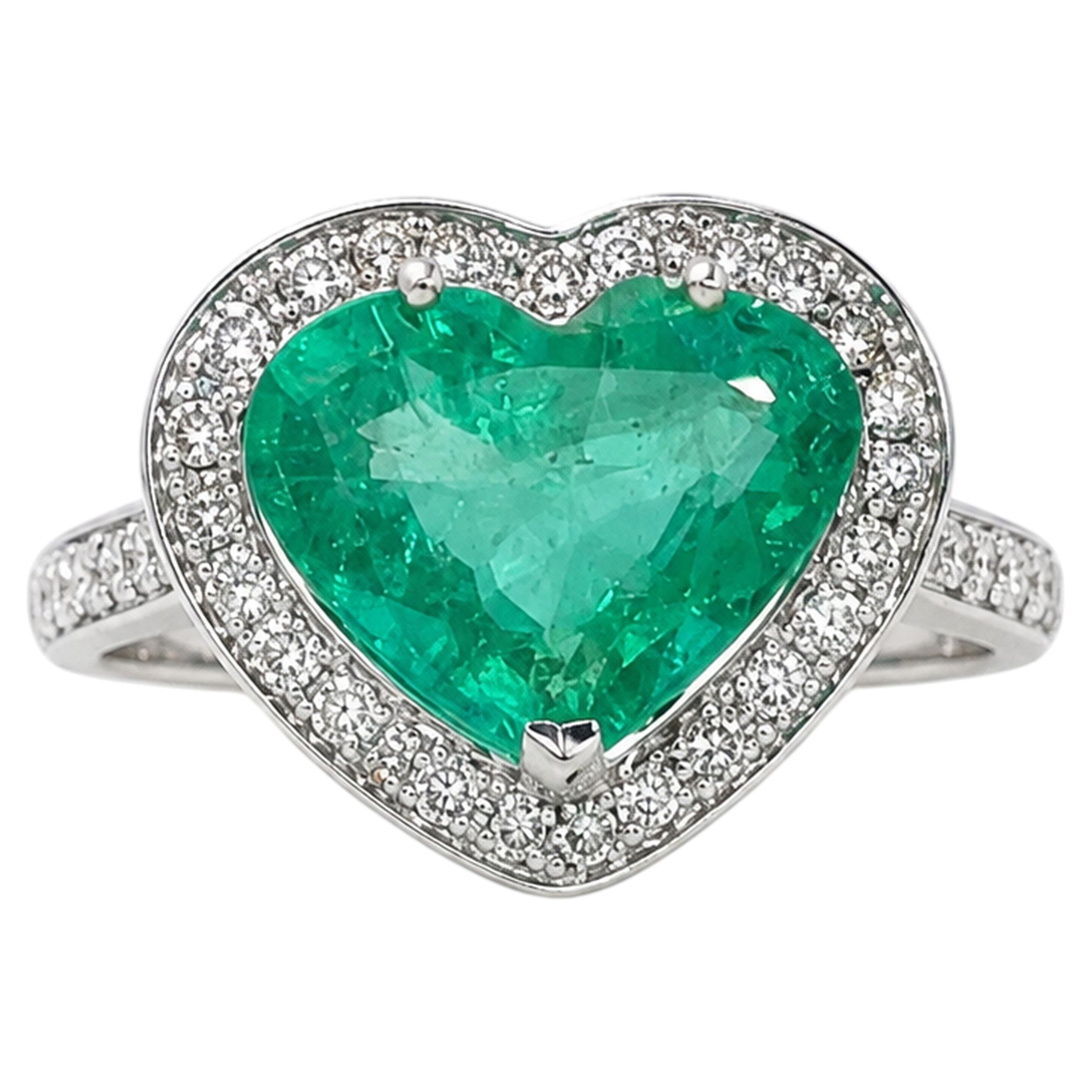 IGI Certified 3.72 Carat Heart Cut Emerald Diamond Halo 18K White Gold Ring For Sale