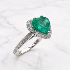 IGI Certified 3.72 Carat Heart Cut Emerald Diamond Halo 18K White Gold Ring