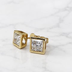 GIA 2.02 Carat F VS1 Square Cut Diamond Stud Earrings In 18K Yellow Gold