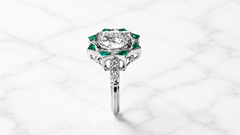 Art Decò Style 1.07 Ct Old European Cut Diamond And Emeralds 14K White Gold Ring