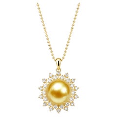 South Sea "Sunflower" Golden Pearl Pendant, 13-14mm, 18K Gold and Diamond