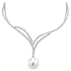 18K White Gold V-Shape Double-Row Diamond and Large South Sea Pearl Statement Ne