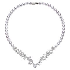 Rare Natural Silver-Grey Akoya Pearl Necklace with Diamond Floral Clasp