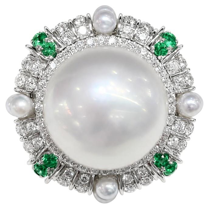 One-of-a-Kind Australian South Sea Pearl, Emerald and Diamond Cocktail Ring For Sale