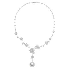 Rare Natural Silver-Grey Akoya Pearl Necklace with Diamond Floral Clasp