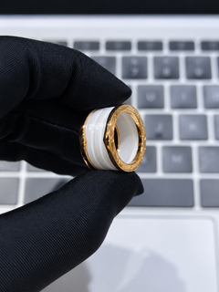 Bvlgari B.zero1 Three-Band 18K Gold and White Ceramic Ring, Size 49