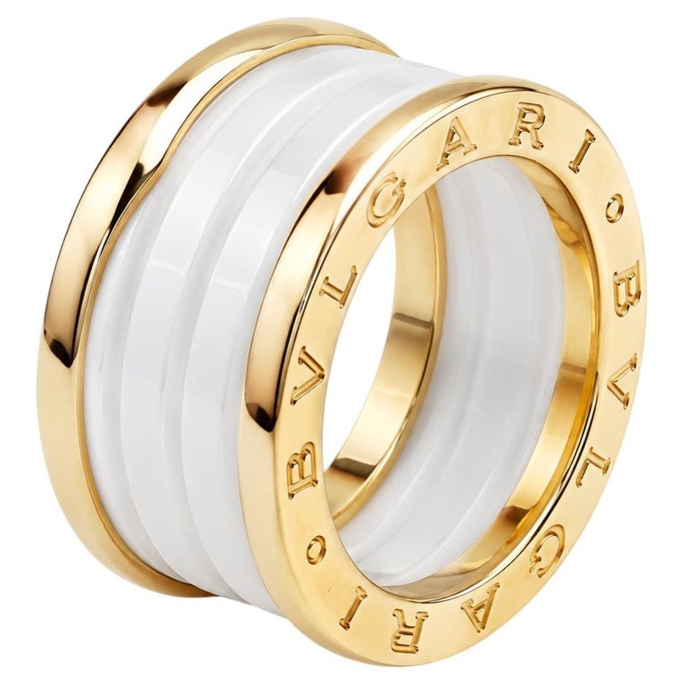 Bvlgari B.zero1 Three-Band 18K Gold and White Ceramic Ring, Size