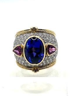 Theo Fennell 18ct Yellow Gold Tanzanite, Ruby and Diamond Etruscan Bombé Ring