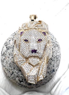 Floro 14k Yellow Gold Heavy Pavé Diamond and Ruby Lion Head Statement Pendant