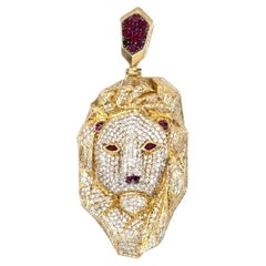 Floro 14k Yellow Gold Heavy Pavé Diamond and Ruby Lion Head Statement Pendant