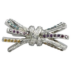 14k White Gold Multi-Color Diamond Bow Ribbon Ring 0.35CT Size 6