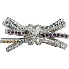 14k White Gold Multi-Color Diamond Bow Ribbon Ring 0.35CT Size 6