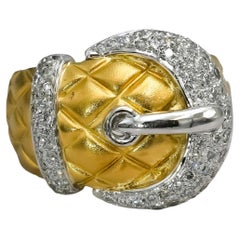 18k Yellow Gold Platinum VS Round Diamond Belt Buckle Ring 0.50CT Size 6.5
