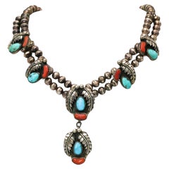 Sterling Silver Turquoise and Carnelian Native American Squash Blossom Necklace
