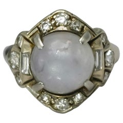 Vintage-Antik-Ring im Art-Déco-Stil aus 14-karätigem Weißgold mit Diamanten und Sternsaphiren, 5,90 Karat, Größe 5,5