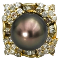 18k Yellow Gold Diamond and 11.5mm Black Tahitian Pearl Ring 1.25CT Size 6