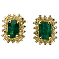 14k Yellow Gold Diamond and Emerald Stud Earrings 1.43CT