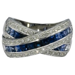 14k White Gold Diamond & Multi Color Blue Sapphire Crossover Ring 2.95CT Sz 6.75