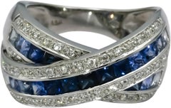 14k White Gold Diamond & Multi Color Blue Sapphire Crossover Ring 2.95CT Sz 6.75