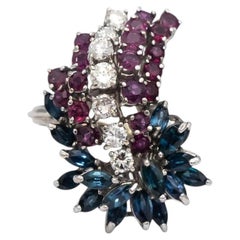 12k-14k White Gold Diamond Ruby and Sapphire Waterfall Cocktail Ring 3.75CT