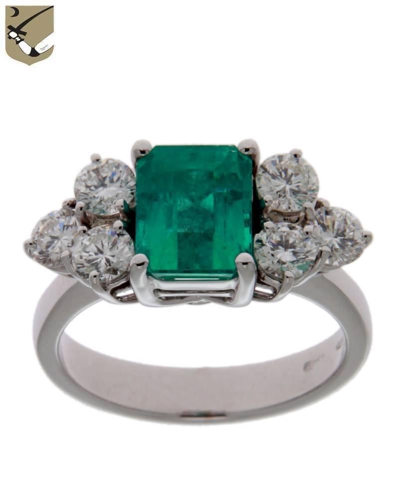 Modern 2.43 Carat Step Cut GIA Certified Colombian Emerald Diamond Gold Engagement Ring For Sale