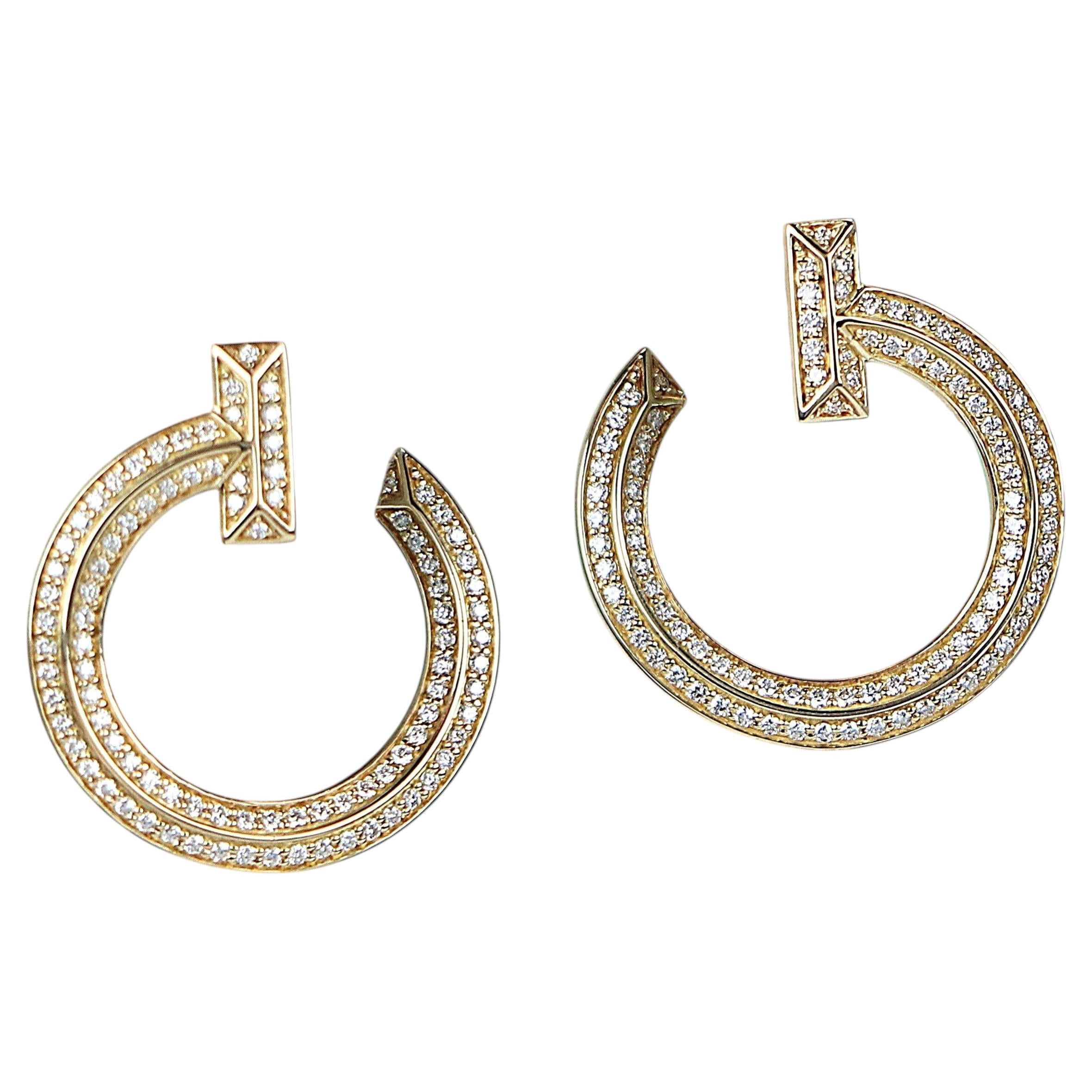 26612 Tiffany & Co T1 18k Yellow Gold Pave Diamond Open Hoop Earrings