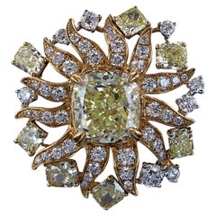 28008 CTF 18K Gold 2.01 Fancy Yellow VS2 Cushion Diamond Sunburst Cocktail Ring