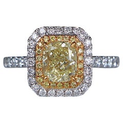 28007 Bague de fiançailles en or blanc 18 carats, sertie d'un diamant taille coussin de 1,50 carat, de couleur jaune clair fantaisie, pureté SI1